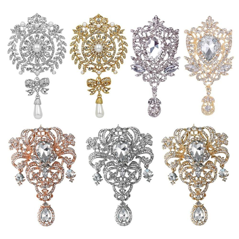 Elegant Shining Crystal Brooch Alloy Decorative Rhinestone Lapel Pin Gold Silver Retro Style Ladies Brooch Women's Fashion