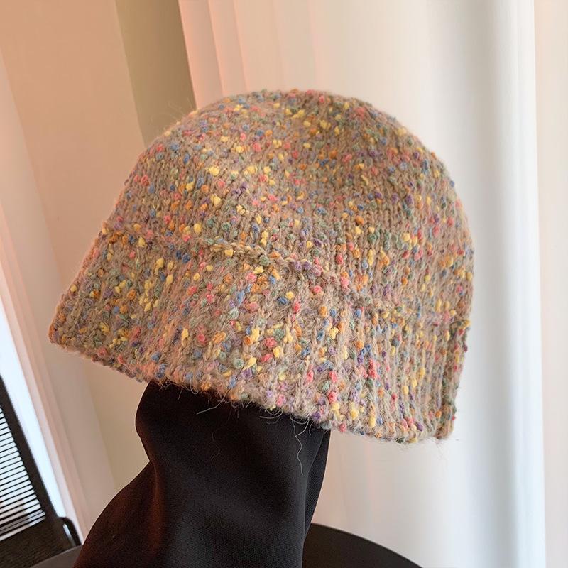 Sweet and Cute Rainbow Woolen Hat for Women Autumn and Winter Warm Ear Protection Big Head Hat Knitted Hat Fisherman Bucket Hat