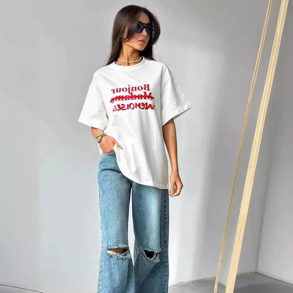 Basit Retro Amerikan 2024 Yaz Tişörtü: %100 Pamuk, Bol Kesim, Kısa Kollu, Yazılı Baskı