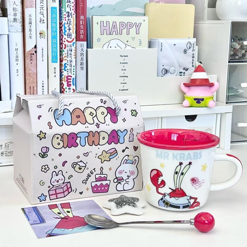 Taza de cerámica de Bob Esponja para niños con vaso medidor de agua, taza para café con leche para oficina, regalo de cumpleaños