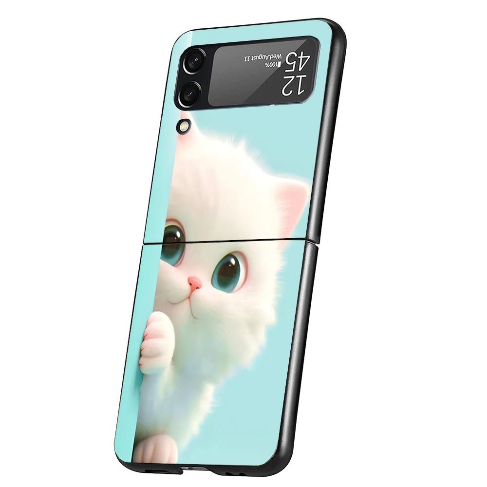 Cat Cute Kitten Cartoon Case Phone Cover for Samsung Galaxy Z Flip 7 6 5 4 3 5G ZFlip7 ZFlip6 ZFlip5 ZFlip4 ZFlip3 Black Fundas