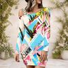 Women Plus Size One Shoulder Long Sleeve Printed Blue Pink White Bodycon Mini Dress