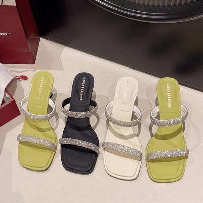 Fashion 2025 New Fashionable Women's Open-Toe Thick Heel Slide Sandals Korean Style Crystal High Heel Square Head Slip-On Summer Shoes