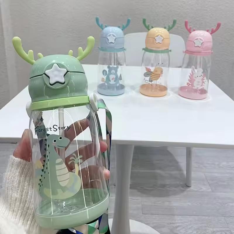 580MLCute Cartoon Water Bottle Flip Top Portable Straw Water Cup With Strap For Outdoor Sports Fitness Camping Kids Gifts