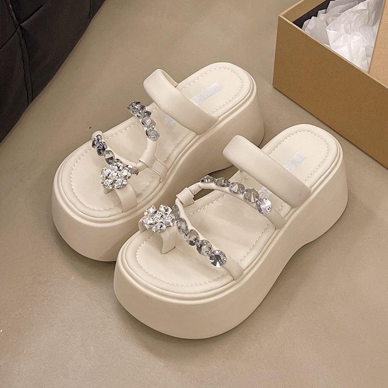 Muffin thick-soled heightening and cool slippers for women's summer wear 2025 new models with skirts, fashionable cover, toe rhinestone high-heel