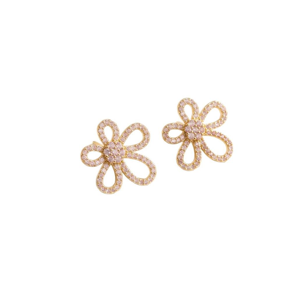 Five-Petal Flower Stud Earrings Women's Light Luxury Sweet Style Copper Zircon Trending Jewelry