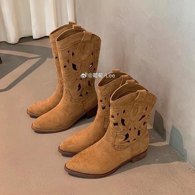 Spice Girls Hollow Western Cowboy Boots 2025 Summer Embroidery Thick Heel Mid Tube Short Boots Vintage Pointed Fashion Spring Summer