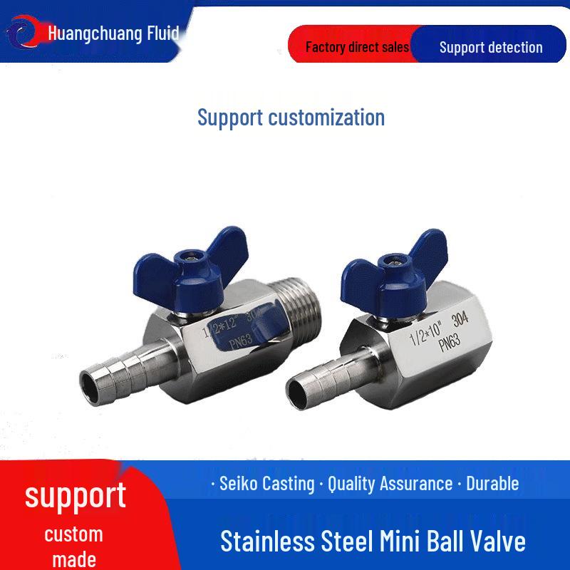 304 Stainless Steel Mini Ball Valve with Butterfly Handle, Internal/External Threads, High Pressure, 4-Way Pagoda Tube Connector.