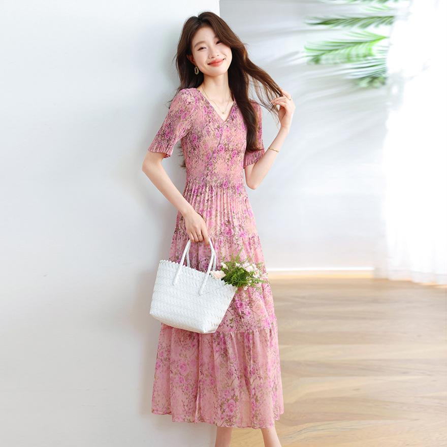 Summer new fashion pleated V-neck floral thin temperament elegant pendulum dress