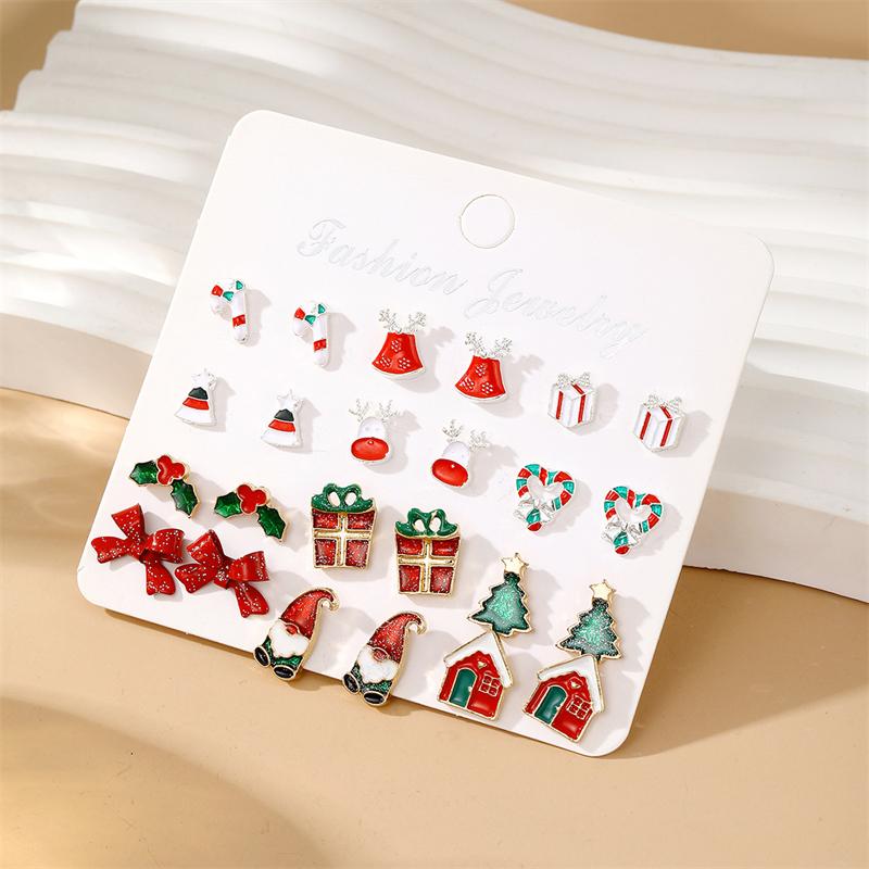 12 Pairs Christmas Enamel Santa Claus Snowflake Earrings Set for Women Zircon Christmas mas Tree Earring Party Jewelry Gift