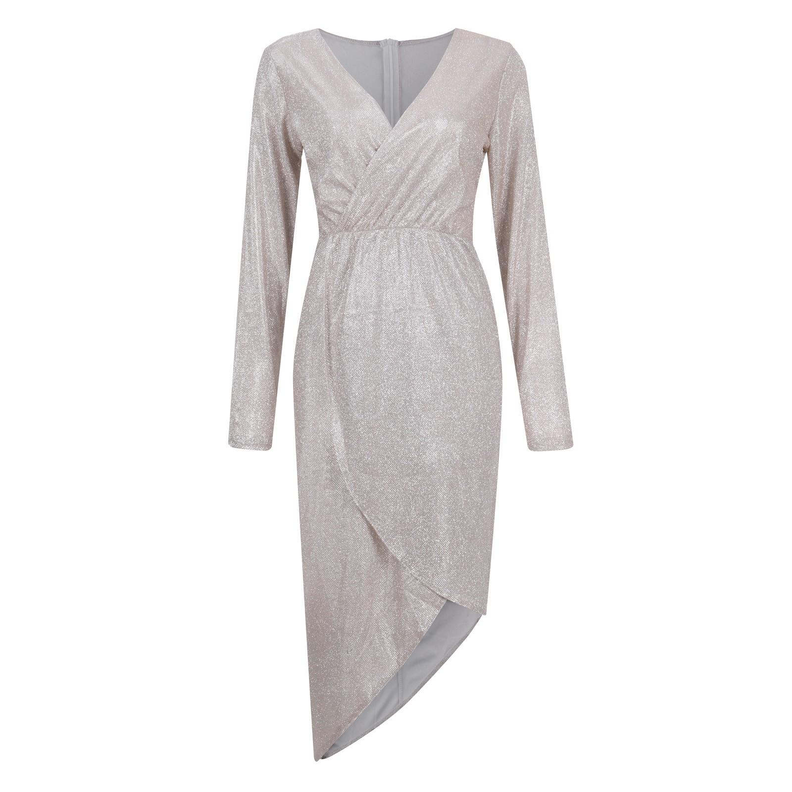 

Модное женское платье с горячим тиснением и длинным рукавом, вечернее сексуальное блестящее платье с v-образным вырезом S хаки