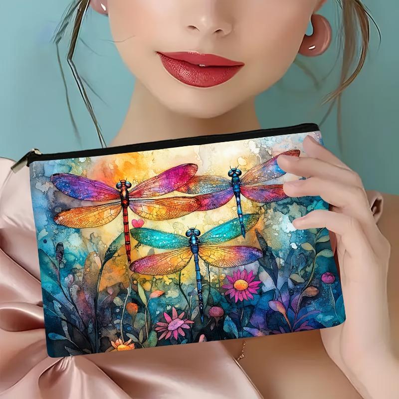1pc Colorful Dragonfly Makeup Bag Hypoallergenic Cosmetic Pouch with Floral Insect Design Travel Organizer Bag for Women