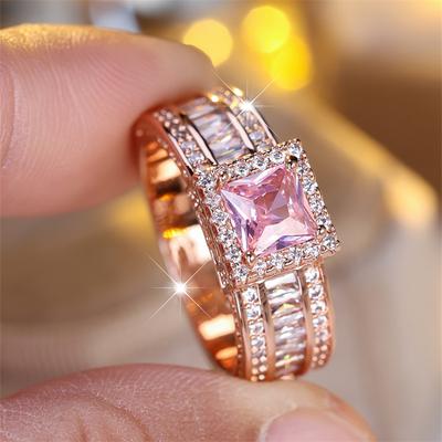 1 Pc Rose Golden Color Square Cut Pink Stone Claw Ring Wedding Band Jewelry
