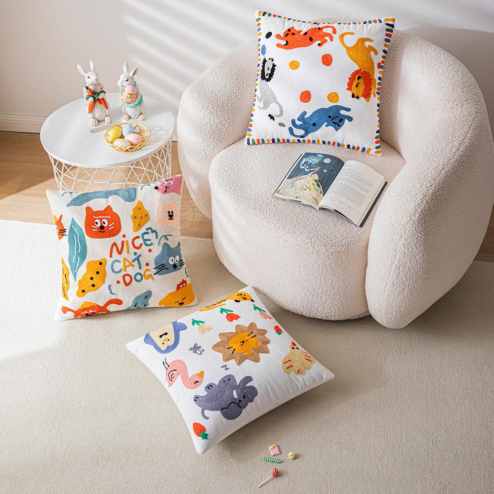 Line Cute Cushion Cover Zoo Print Baby Embroidered Durable Pillow Cases Mid Century Aesthetic Modern Boho For Kids Bedding