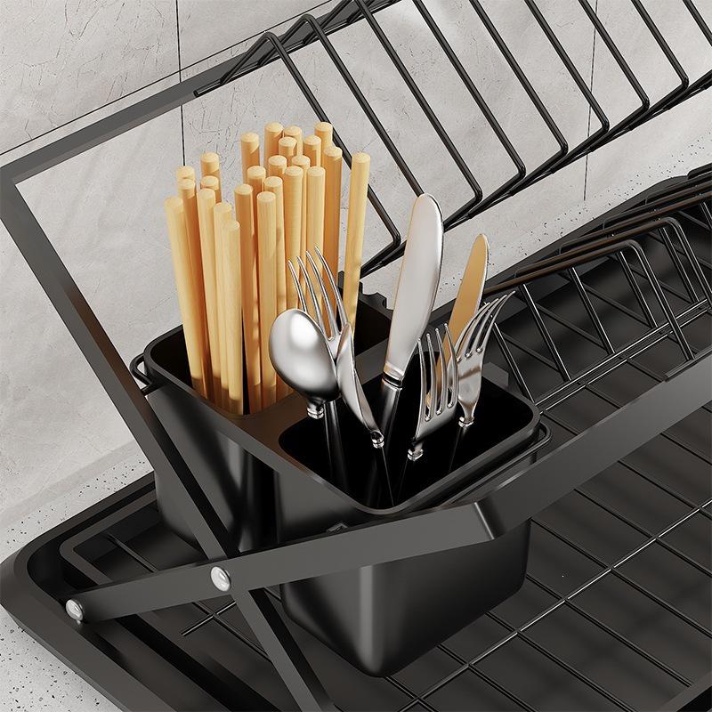 Foldable Wrought Iron Kitchen Dish Rack with Drip Tray & Chopstick Holder