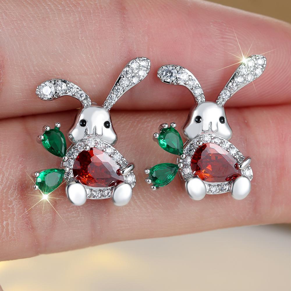 

Small Cute Carrot Rabbit Shaped Stud Earrings for Women Girls Red Green Zircon Crystal Earrings Party Jewelry Gifts срібний