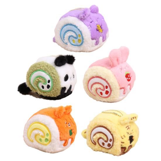 Plush Animal Cake Toy with Ball Chain Stuffed Tiger Chocolate Rabbit Strawberry Fox Cat Cake Roll Keychain Pendant Bag Charm Hanging Decor