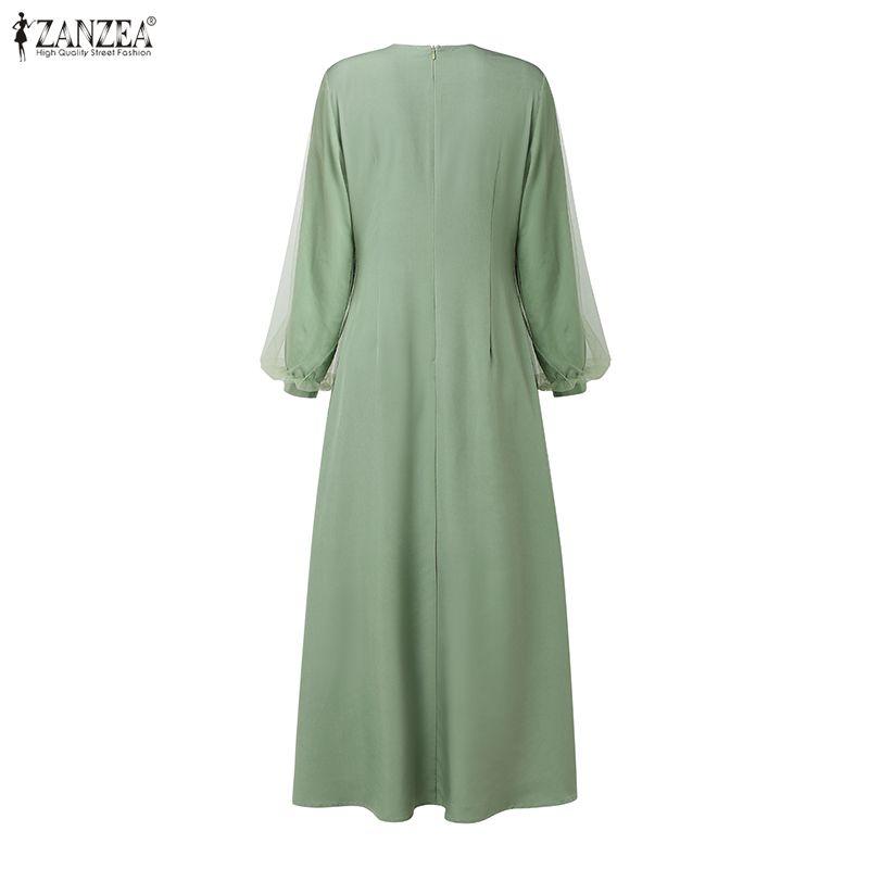 ZANZEA Women Casual Round Neck Long Sleeve Loose Patchwork Mesh Long Dress