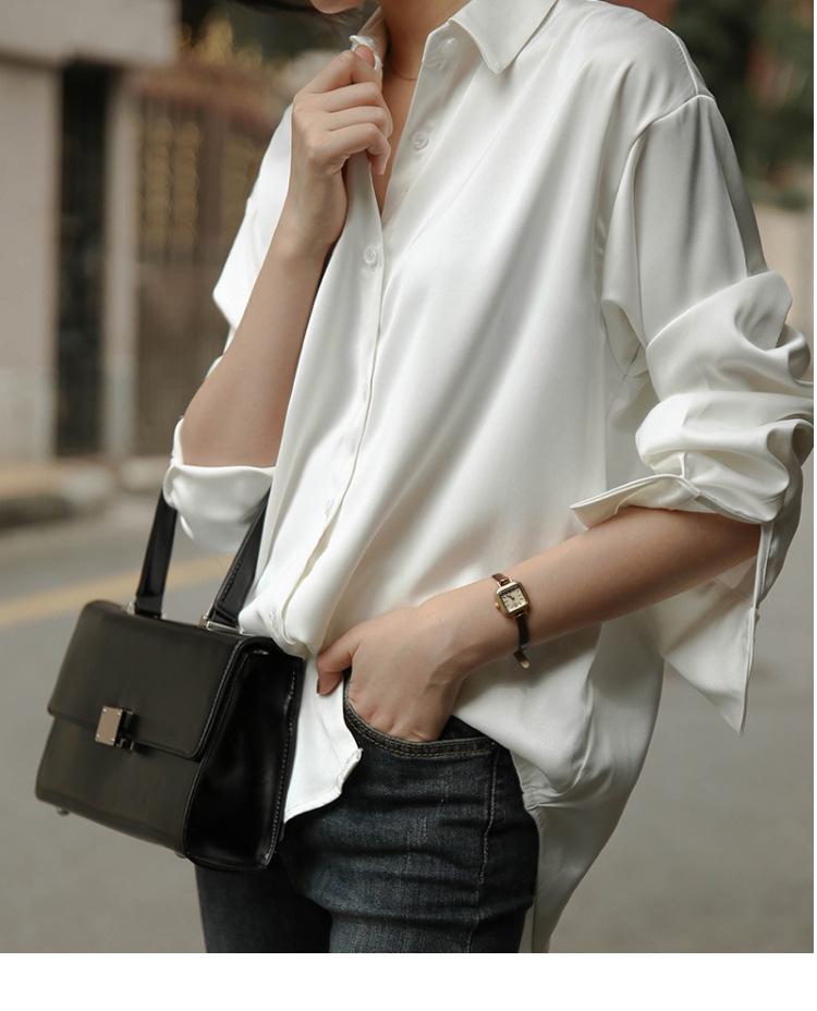 Women's Retro Hong Kong-Style White Satin Drape Shirt - Loose-Fit Korean Design