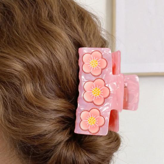 Hair Claw Strong Grip Hair Clip Ice-Clear Acetic Acid Material Floral Pattern Pearlescent Back Head Hair Claw Half-Tied Hair Accessory
