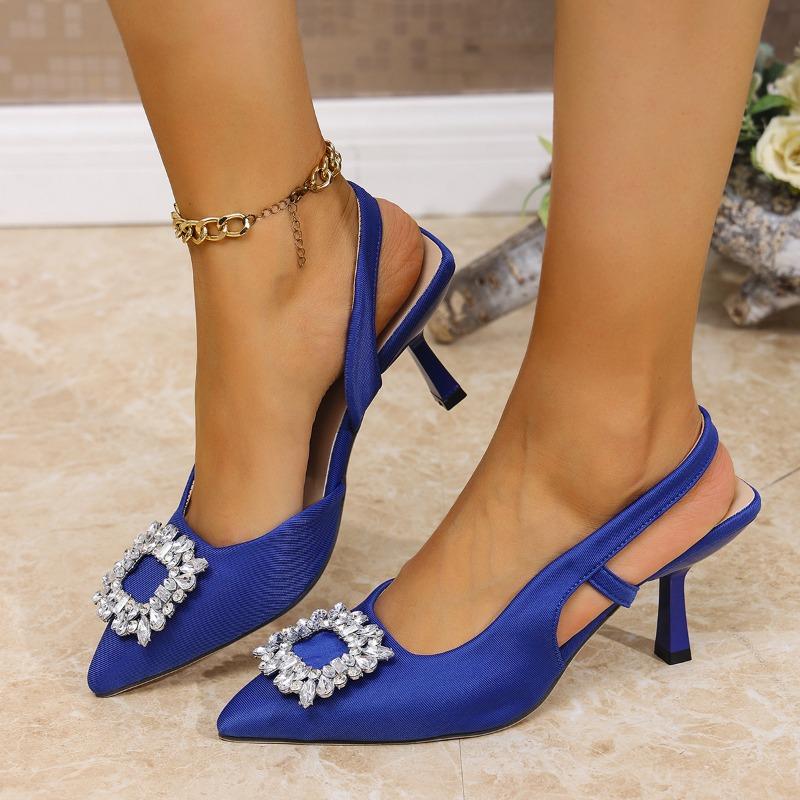 Crystal Square Buckle High Heels Sandals Women Tacones Summer Slip On Pointed Toe Pumps Woman Thin Heel Party Wedding Shoes
