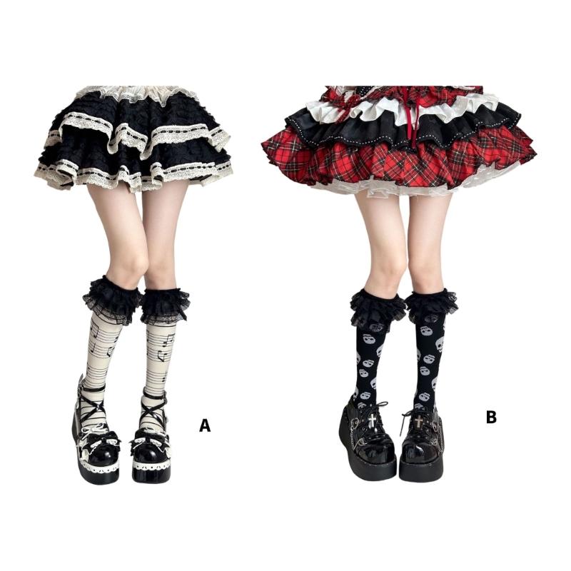 Women Knee Highs Socks Printed Compressions Stockings Lolitas Sweet Lace Ruffle Calf Socks Long Tube Socks Hosiery