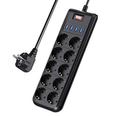 שקע קווי, כבל 2 מטר, 10 שקעים, 4 יציאות USB בטעינה מהירה - שקע שחור, שקע אירופאי חסין אש ומוגן עומס יתר