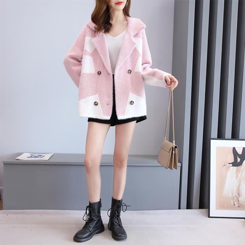 Women's Mink Fleece Coat Thickened Contrasting Faux Mink Fleece Knitted Cardigan Coat Plush Knitted Jacket