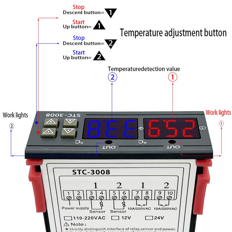STC-3008 Dual Digital Temperature Controller Two Relay Output Thermostat Heater with Probe 12V 24V 220V Home Fridge Cool Heat DC 24V
