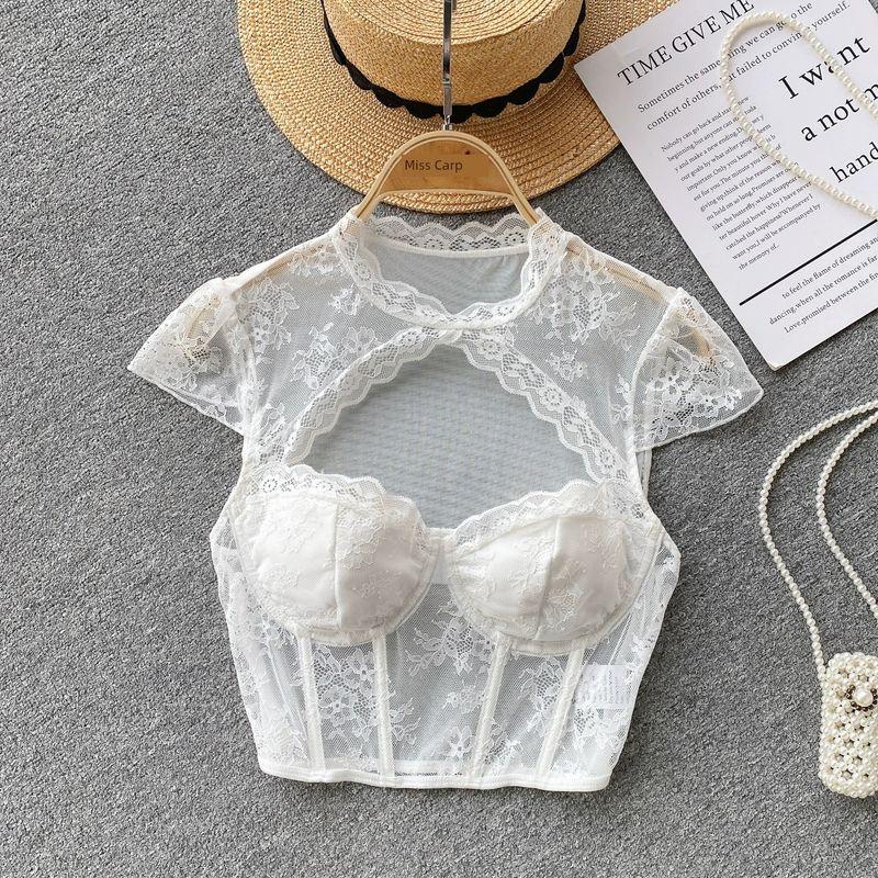 

Модная в стиле Инс Сексуальная прозрачная кружевная шифоновая рубашка Женская Xiacnee Хочу вырез Топлес Приталенный Короткий Топ на косточках White M