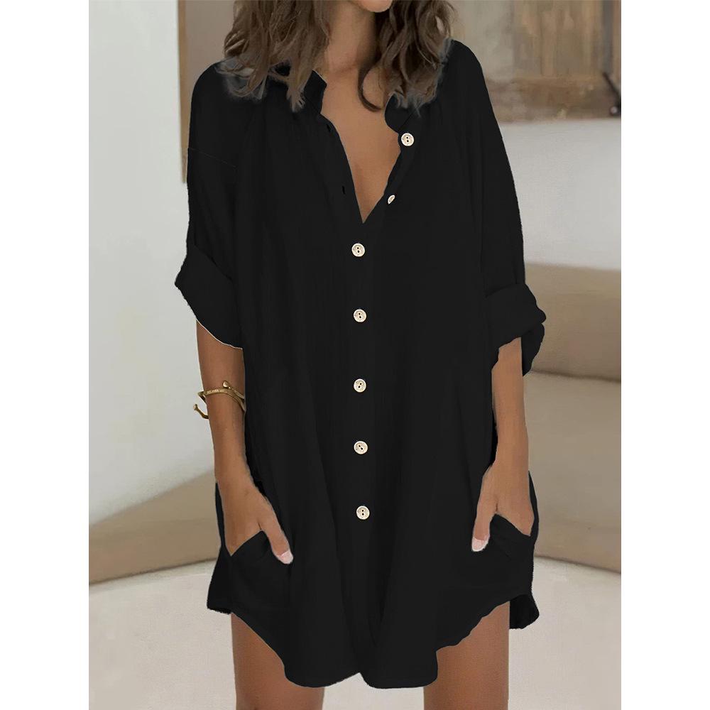 Cotton & Linen Row Button Plus Size Women's Mid-Length Short-Sleeve Loose Shirt