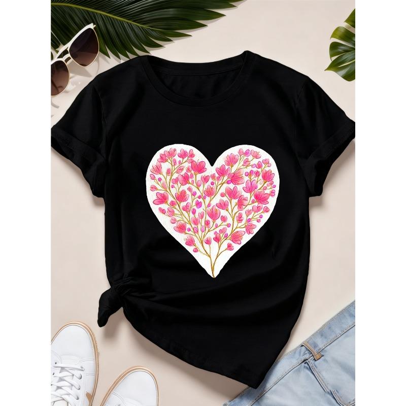 

Womens Heart Shape Floral Graphic Print Tee Crew Neck Short Sleeve Gray White Black 3 Colors Daily Casual Commute Outdoor Gathering Home Campus 4XL чорний