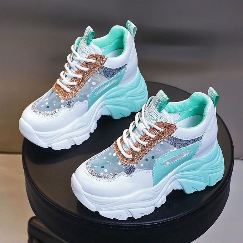Summer Chunky Women Designer Shoes Fashion Breathable Sequin Vulcanized Shoes Non-slip Wedges Running Sports Shoes Sneakers 2025