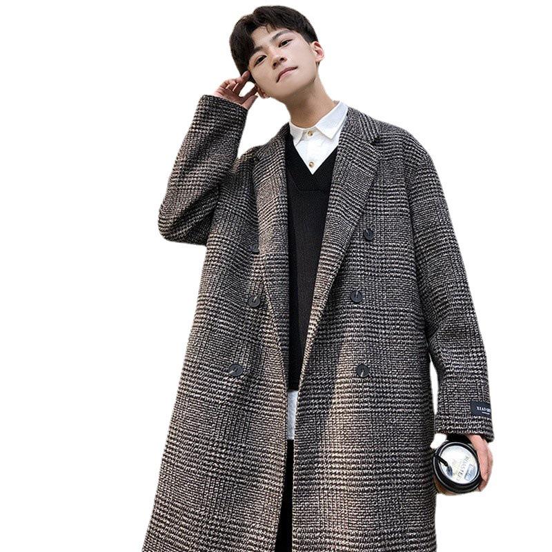 Men's Trendy Double-Breasted Plaid Wool Coat - Autumn/Winter Korean Style, Large Size Hong Kong Fashion