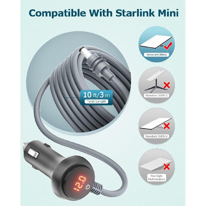 Starlink Mini Power Cable 10FT 12V Car Adapter for Starlink Mini | With Switch & Digital Voltage Display, Starlink Mini Cable Cigarette Lighter