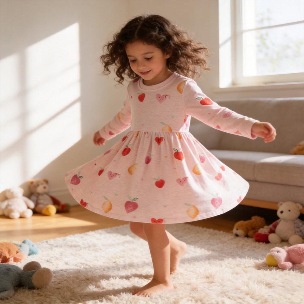 Girl Dress With Cartoon Animal Prints And Cotton Fabric For Autumn Winter