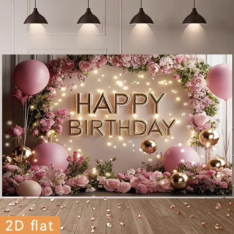2D Pink Floral Happy Birthday Backdrop for Women/Girl Birthday Party Decoration