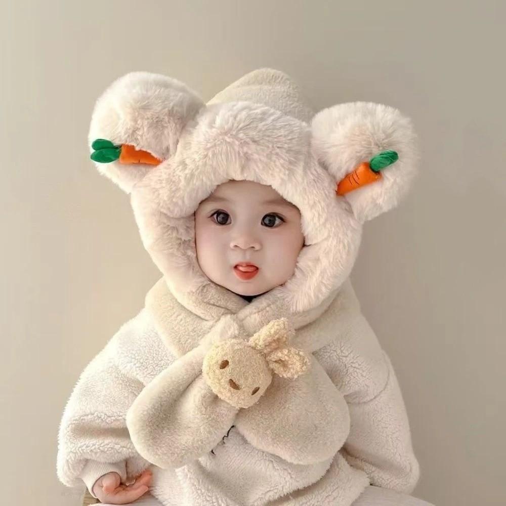 Thick Warm Kids Hooded Scarf Hat Neck Protection Winter Plush Integrated Hat  Snow