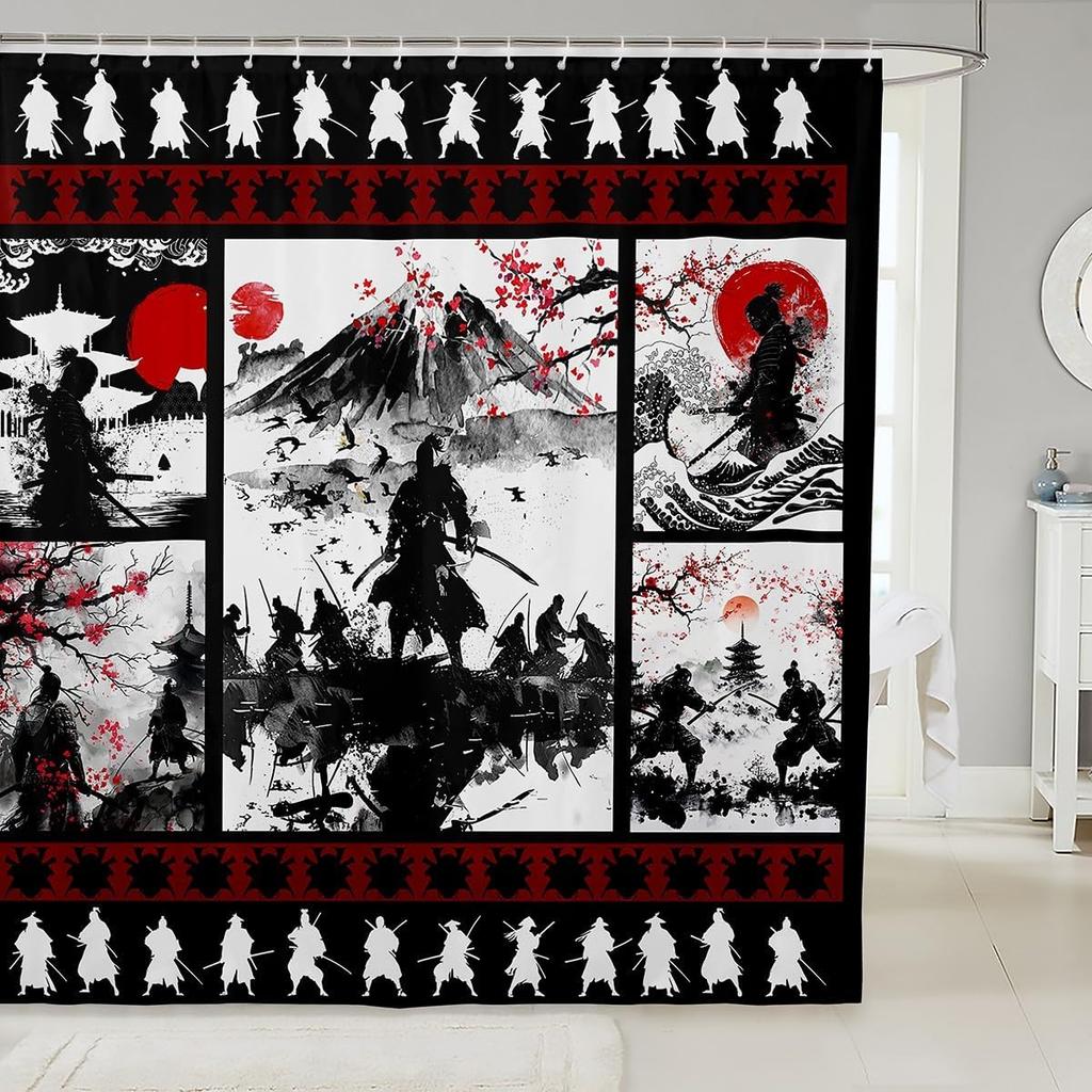 Kids Japanese Geisha Shower Curtain Boys Girls Cherry Blossoms Bathroom Shower Curtain Set Japanese Style Bath Curtain
