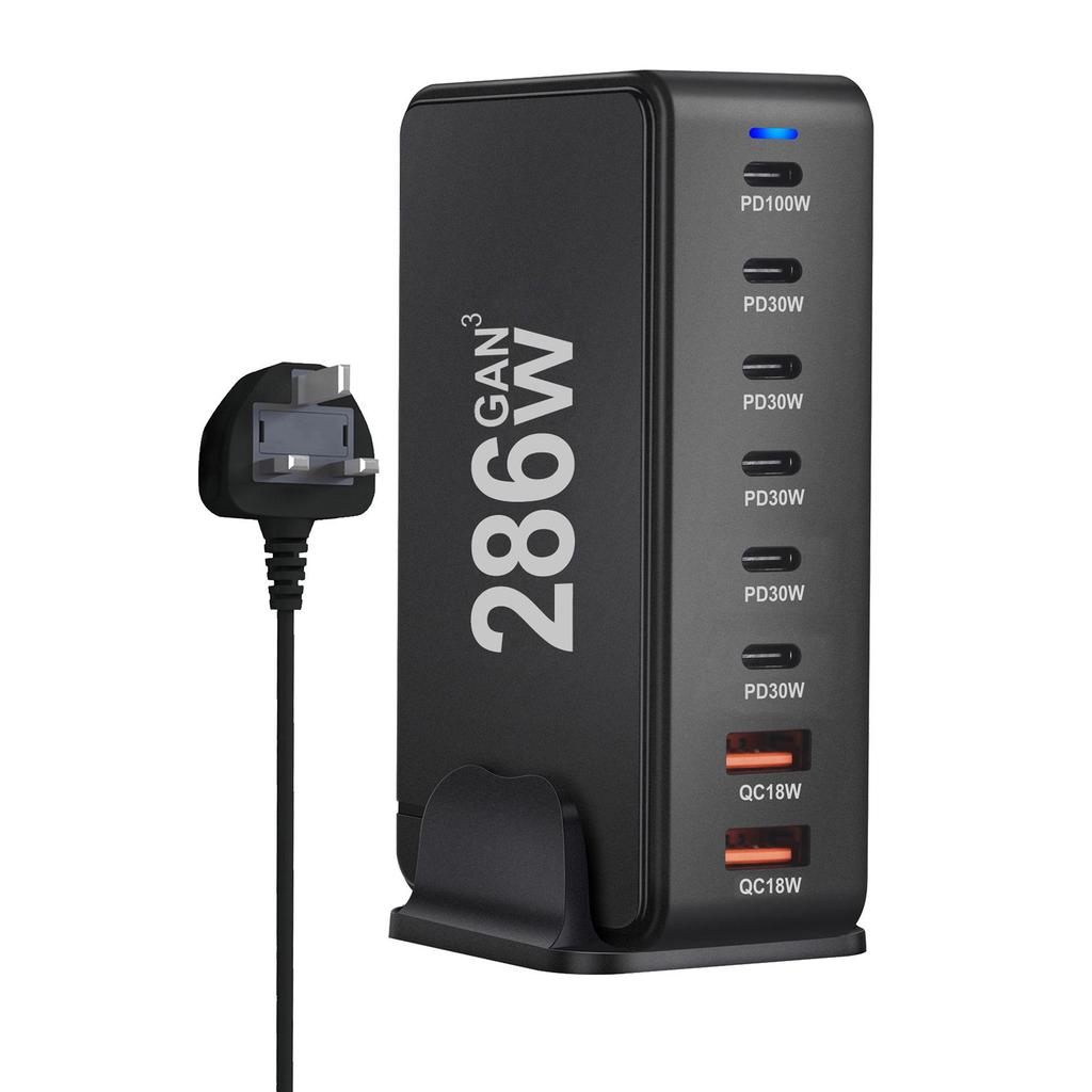 286W GaN Desktop PD Charger: 6 USB-C/2 USB-A Ports, Multifunctional Adapter
