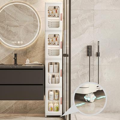 Bathroom Storage Cabinet with Doors and Shelves, 4-Tiers Narrow Bathroom Storage Organizer Movable Freestanding Linen Tower Cabinet