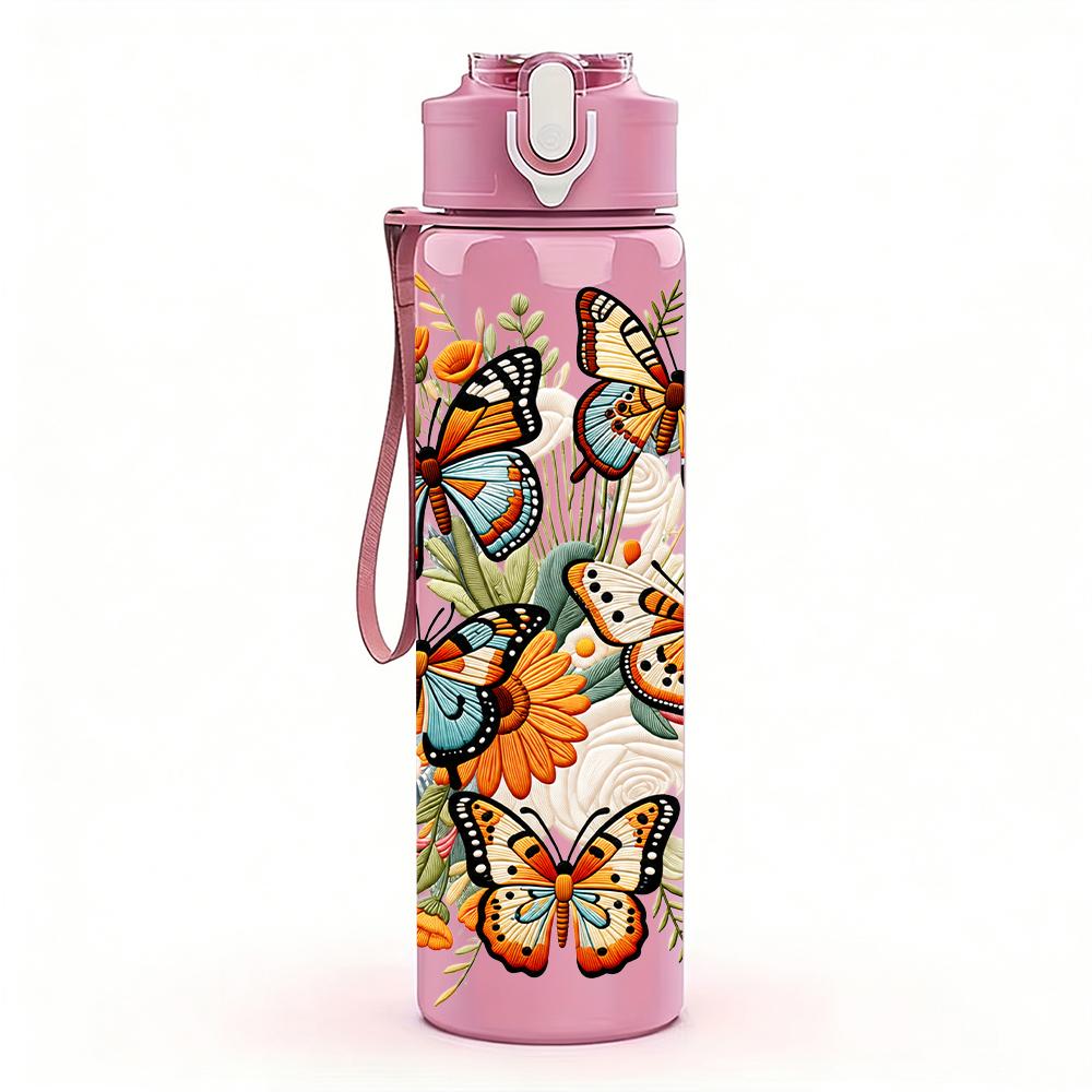 1PC Vintage Butterfly Bouquet 750ml Color Plastic Sports Water Bottle Leakproof Flip Straw Lid Suitable for Sports Office Home Use