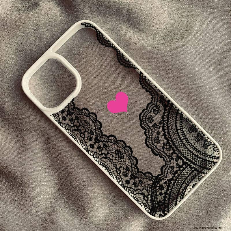 Cute Black White Lace Floral Pattern Phone Case For iPhone 16 17 Pro 15 17Air 13 11 12 XS Max 7 8 14 Plus XR Clear Hard Cover