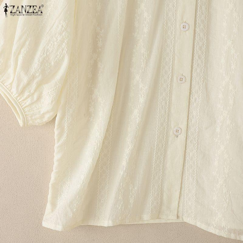 ZANZEA Women Vintage Round Neck Short Sleeves Semi-Sheer Embroidery Blouses