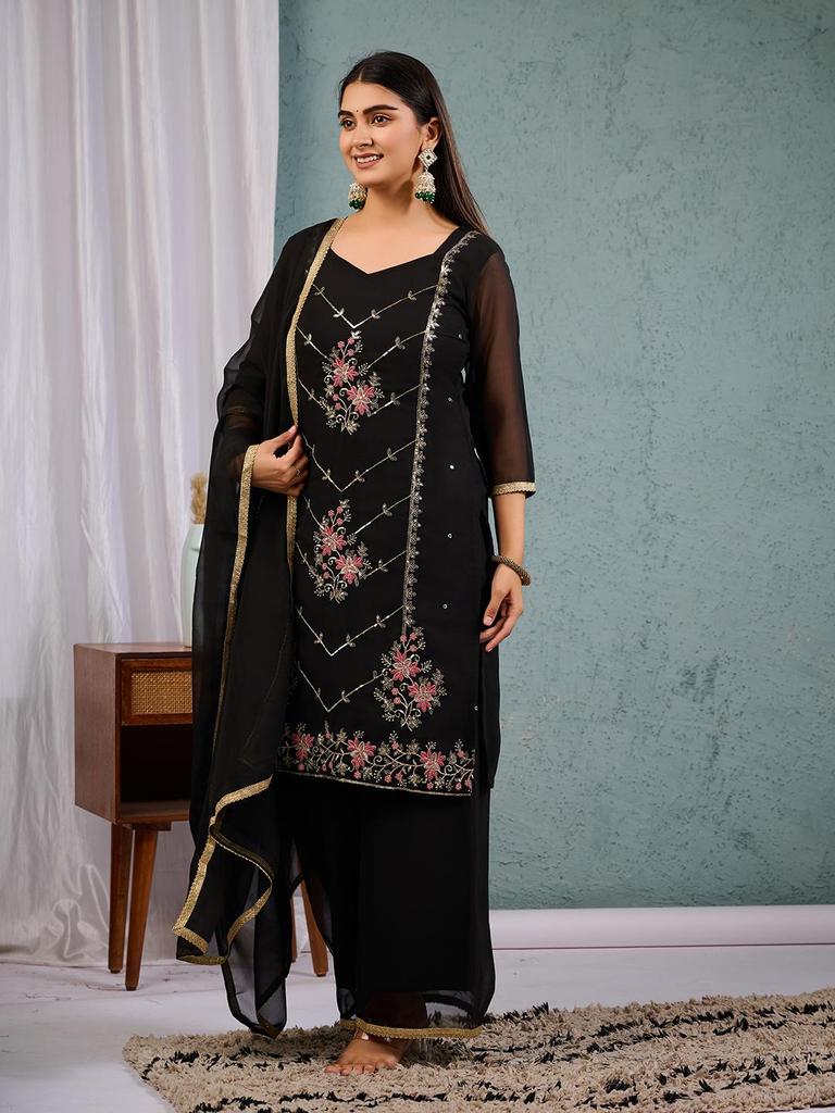 Women Black Embroidered Kurta Palazzo Set with Dupatta Ethnic Party Wear Indian Suit