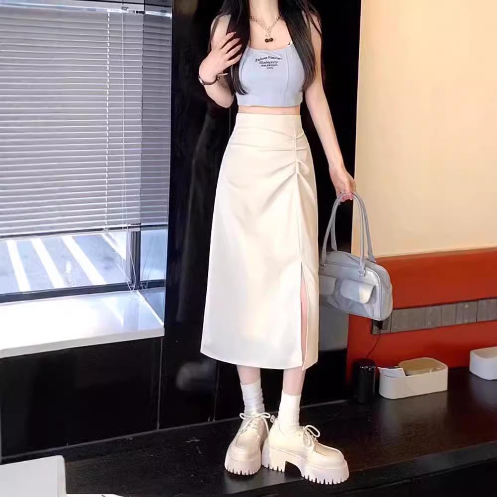 

2024 Spring High-Waist Korean Style Slim Midi Skirt with Slit for Women XL чёрный