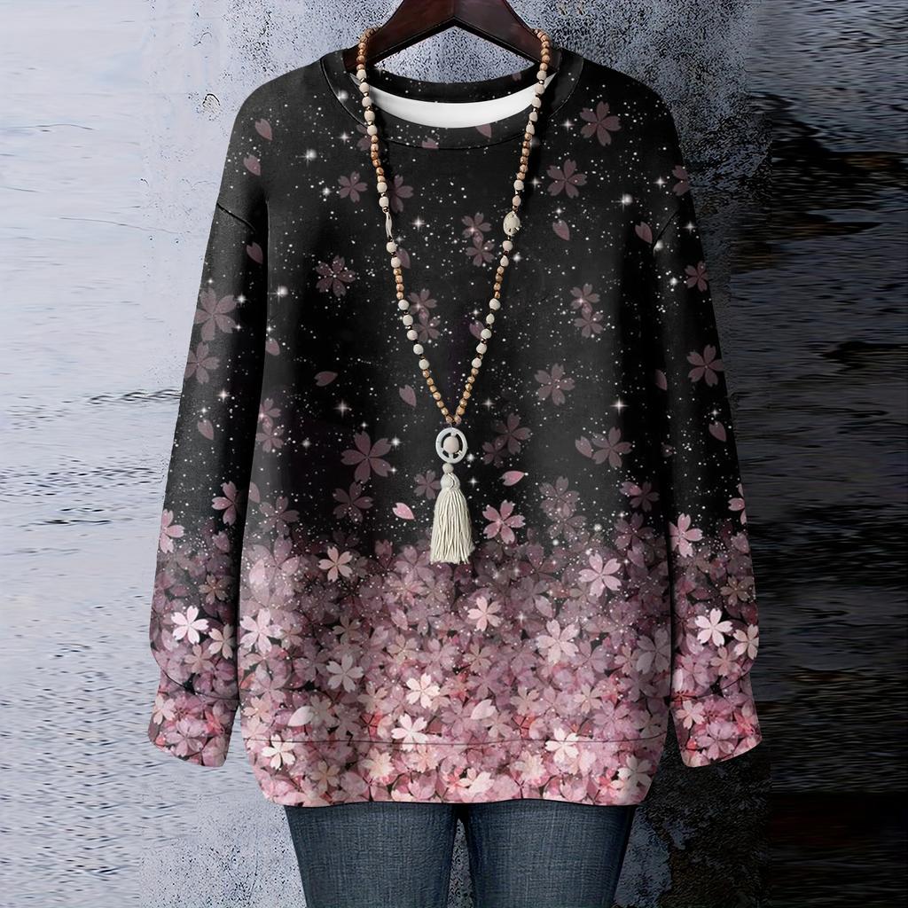 Women's Floral Print Round Neck Long Sleeved T-shirt Sweatshirt Top
