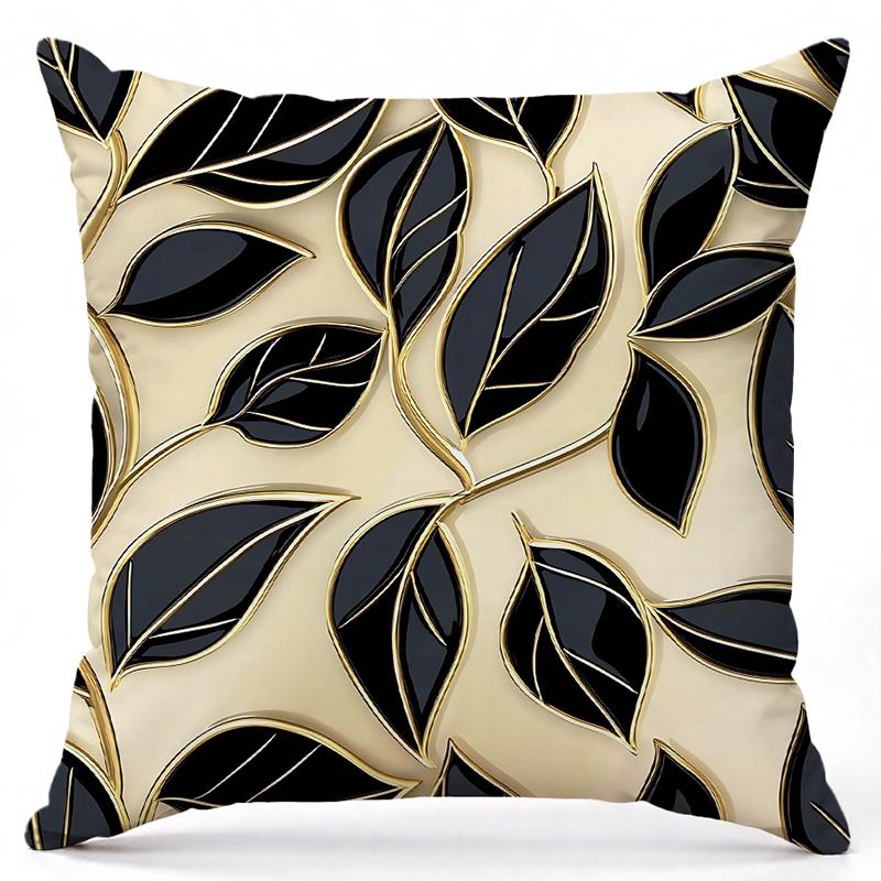 Green Leaf Patterned Cushions With Gold Accents Square Polyester Pillowcase, Modern Sofa Decorative Cushion Cover