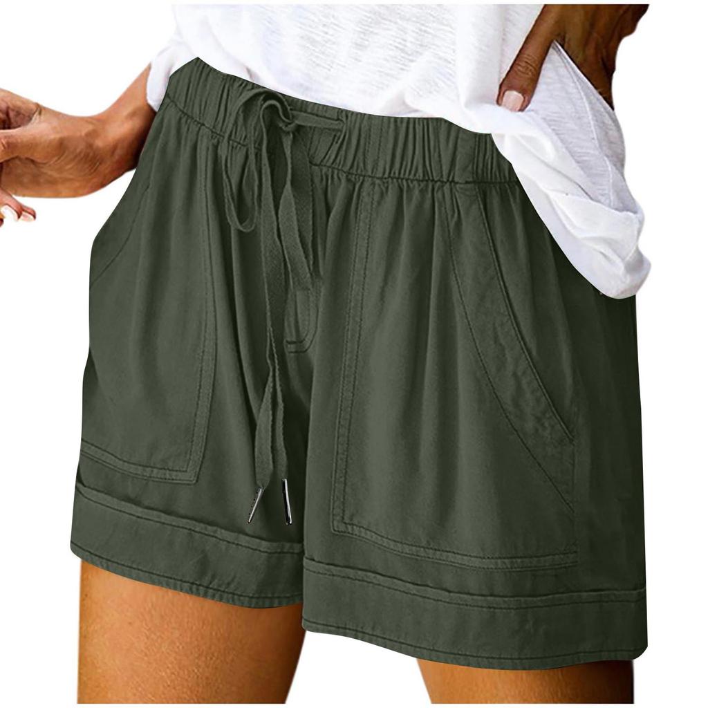Women's Summer Large Size Loose Solid Color Drawstring Lace-Up Pocket Casual Shorts Women