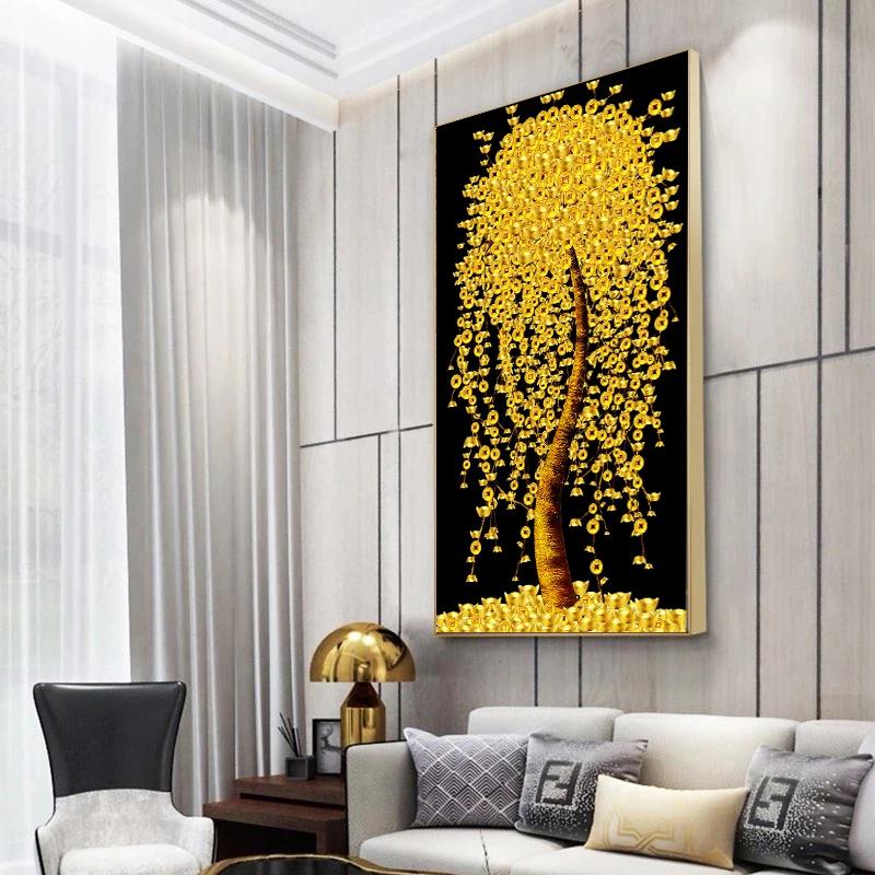 Golden Tree Rich Money Nordic Art Canvas Painting Wall Art Posters Prints Wall Pictures for Living Room Home Wall Cuadros Decor Frameless